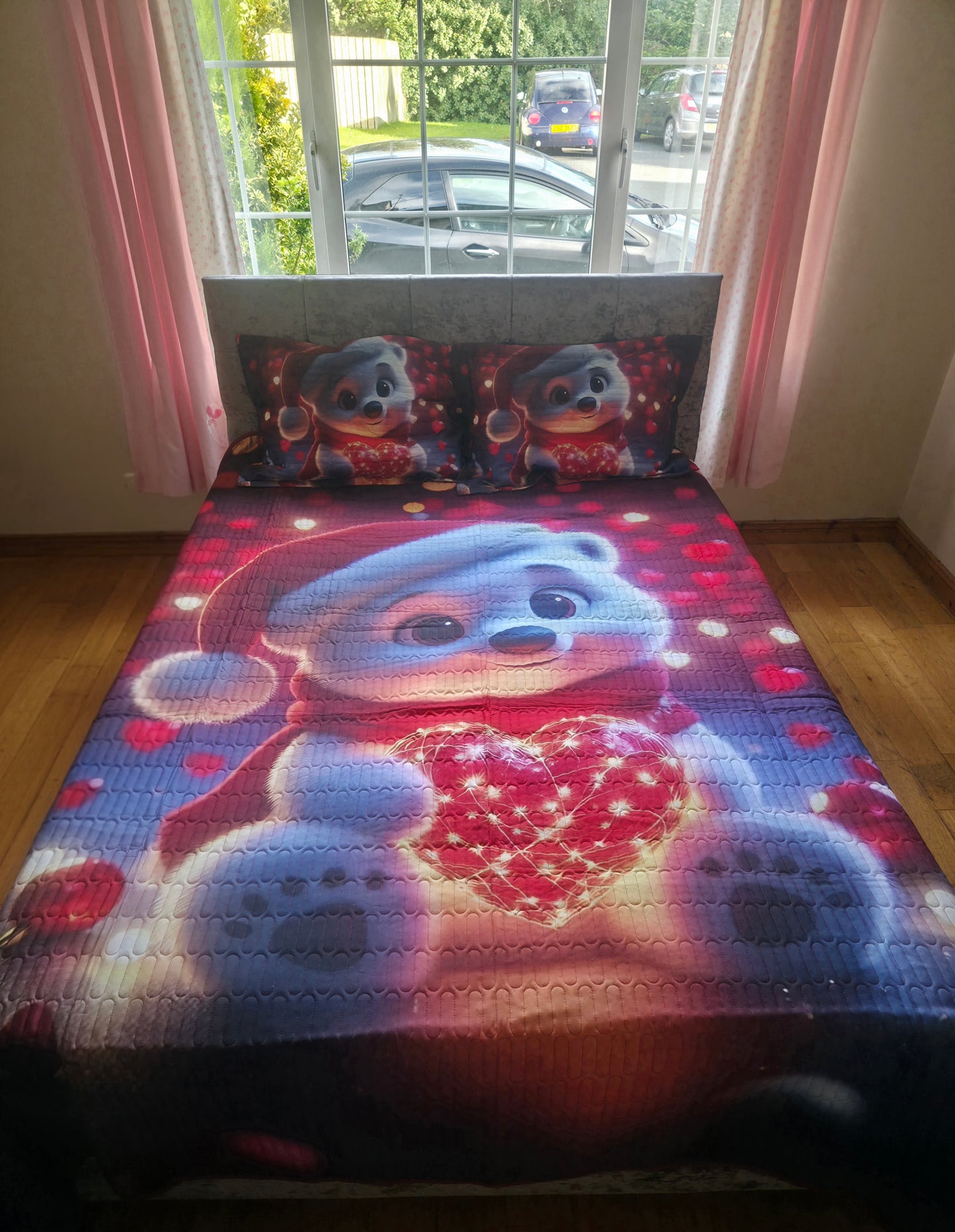 3-Piece 5D Bedspread Set, Christmas Design, Loving Polar Bear, Quilted Cotton