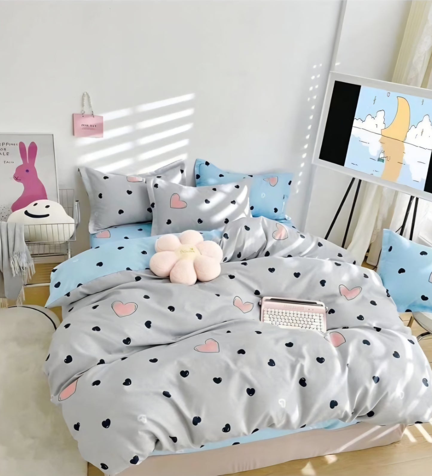 Finet Bed Linen Set, Grey with Heart Pattern, 6 Pieces, Universal Size (Double & King), 100% Cotton