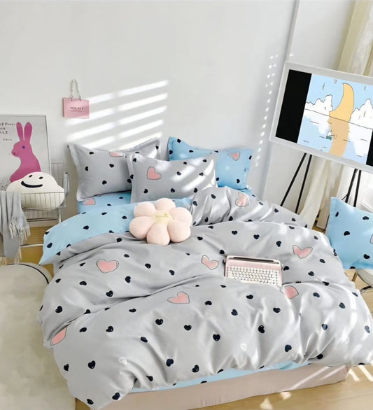 Finet Bed Linen Set, Grey with Heart Pattern, 6 Pieces, Universal Size (Double & King), 100% Cotton