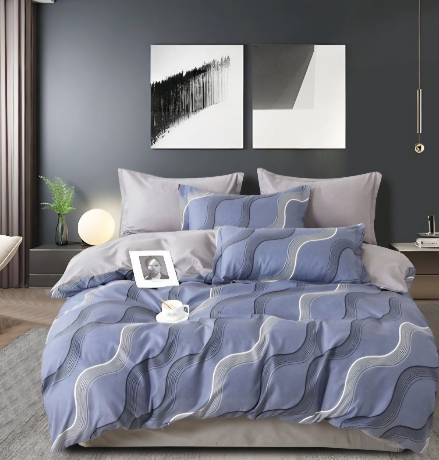 Finet Bed Linen Set, Blue Waves Design, 6 Pieces, Universal Size (Double & King), 100% Cotton