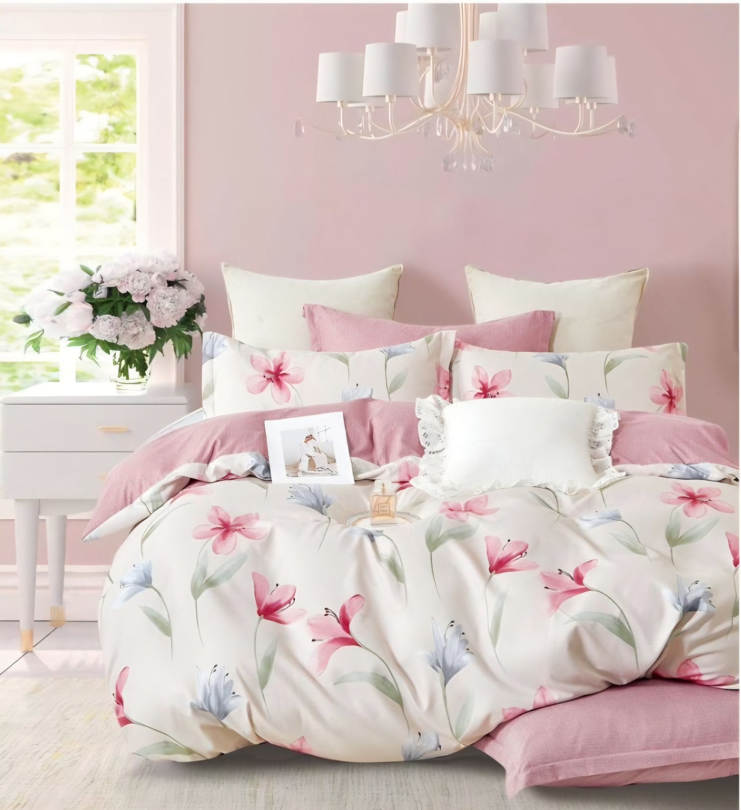 Finet Bed Linen Set, Cream & Pink Magnolia Design, 6 Pieces, Universal Size (Double & King), 100% Cotton