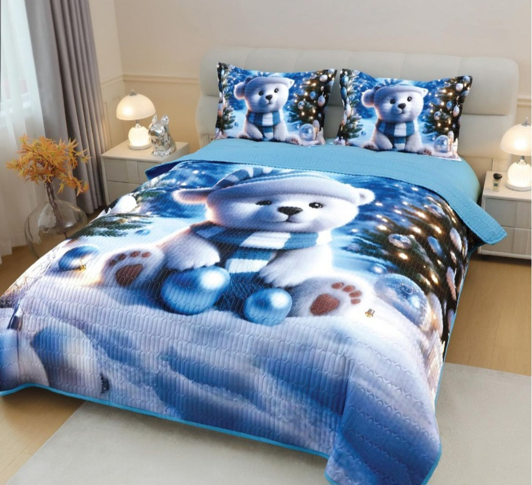 3-Piece 5D Christmas Bedspread Set, Polar Teddy Bear