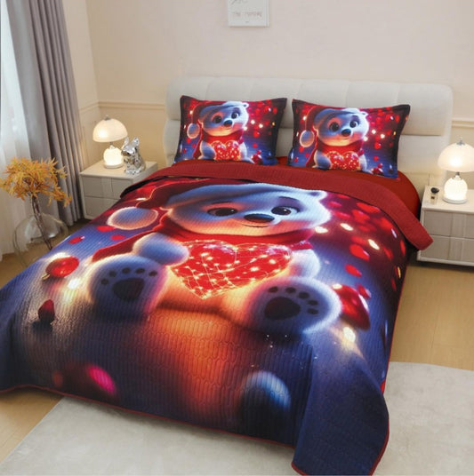 3-Piece 5D Bedspread Set, Christmas Design, Loving Polar Bear, Quilted Cotton