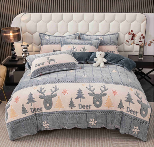 4 Piece Bedding Set ,Super Soft Plush with Deer Design, 100% Plush