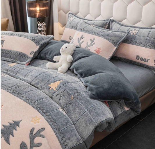 4 Piece Bedding Set ,Super Soft Plush with Deer Design, 100% Plush
