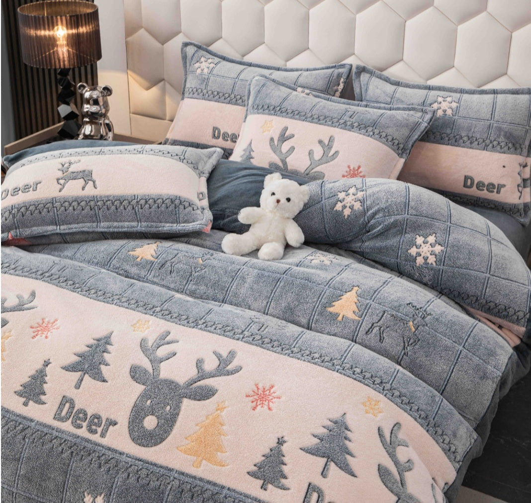 4 Piece Bedding Set ,Super Soft Plush with Deer Design, 100% Plush