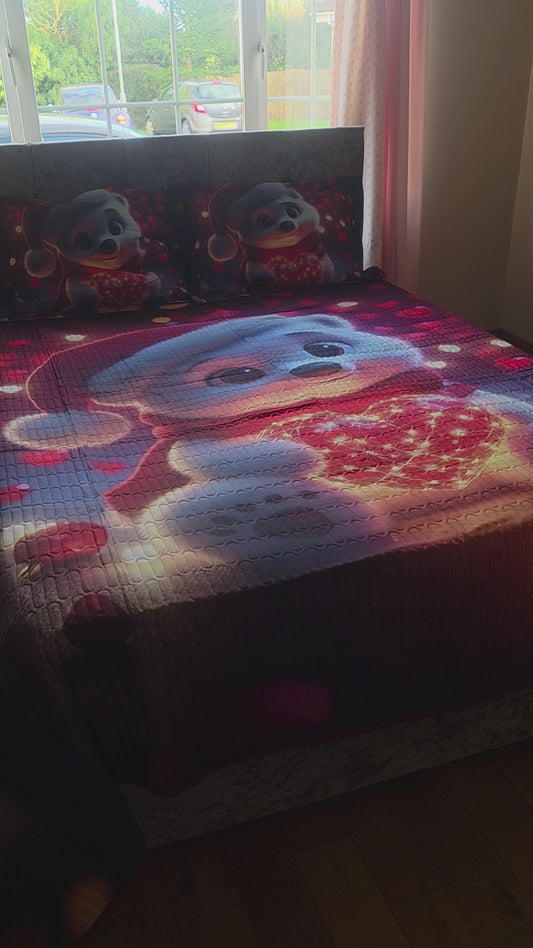 3-Piece 5D Bedspread Set, Christmas Design, Loving Polar Bear, Quilted Cotton