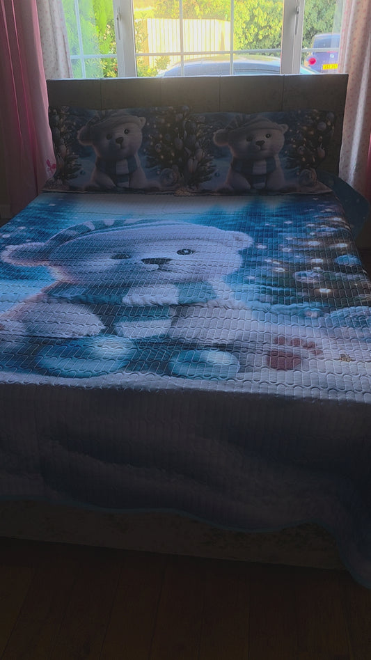 3-Piece 5D Christmas Bedspread Set, Polar Teddy Bear